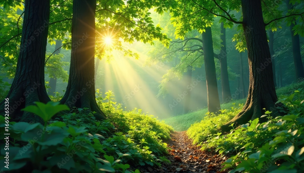 Fototapeta premium Sunlight dapples through leaves in a vibrant, lush forest teeming with life; a tranquil scene of nature's beauty and biodiversity, perfect for relaxation and escape , shadows, green