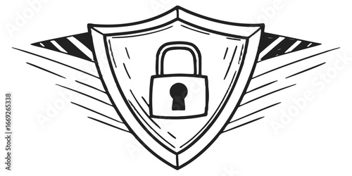 Illustration of a shield with a padlock in the center and wings on the sides in black and white style