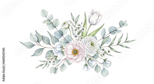 Delicate floral arrangement featuring watercolor ranunculus, eucalyptus, and tulip on a white background, ideal for wedding invitations or botanical design projects