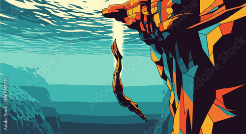 A stylized illustration of a person cliff diving into deep blue water, with colorful, geometric rock formations.