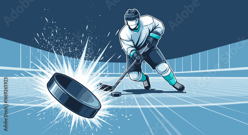 Illustration of an ice hockey player in uniform hitting a puck with force across a frozen rink.