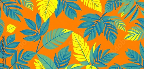 Seamless pattern of yellow tropical leaves silhouettes on an orange background , background design, leaf silhouette