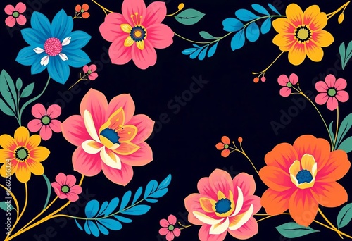 Stylized blue, pink, yellow floral designs on dark background,  vintage,  pink