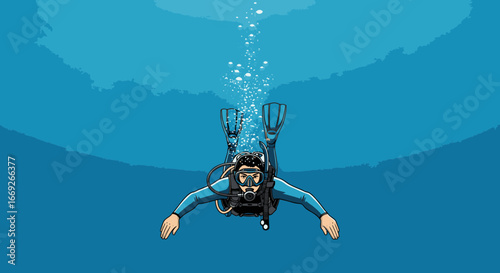 Illustration of a scuba diver in full gear swimming in deep blue water, viewed from below as bubbles rise.