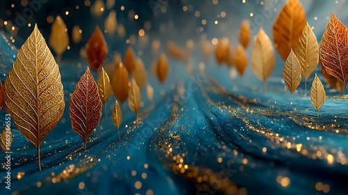 Golden autumn leaves glowing with blue background high resolution Wallpaper