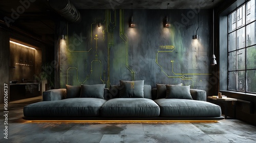 Futuristic loft interior with modern sofa design high resolution Wallpaper