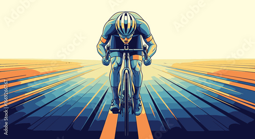 Dynamic front-view illustration of a cyclist in full gear, speeding along a road with abstract motion lines.