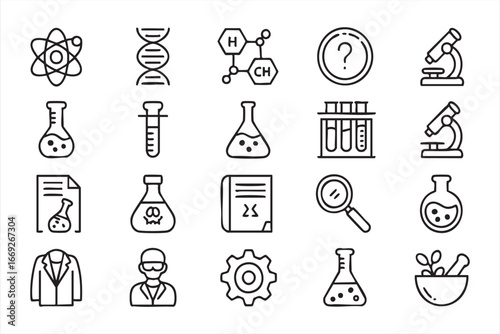 Chemistry and Education Icon Collection in Thin Line Art