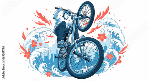 An illustration of a BMX rider doing a wheelie trick against a background of stylized Japanese waves and cherry blossoms.