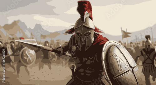Illustration of a Spartan warrior in full armor leading his army into a dusty battle.