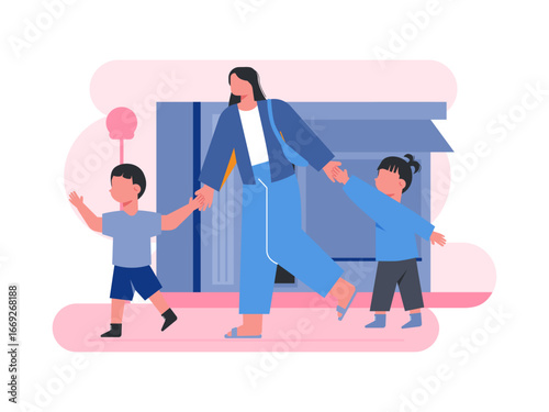 Mother walking around the city with her two children spending time with her family. Mother illustrations. Flat vector illustration.	
