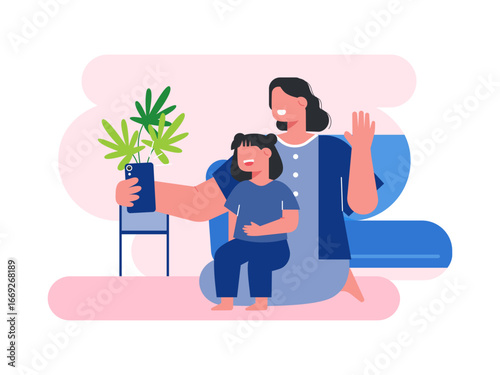 Mom is sitting with her daughter, at home video calling dad is working at the office. Mother illustrations. Flat vector illustration.	
