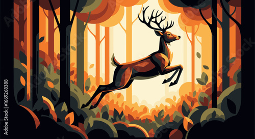 A majestic stag with large antlers leaps gracefully through a vibrant, stylized autumn forest.