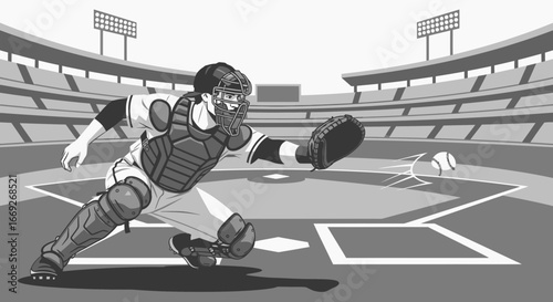 Dynamic black and white illustration of a baseball catcher lunging to catch a fast-moving ball at home plate.
