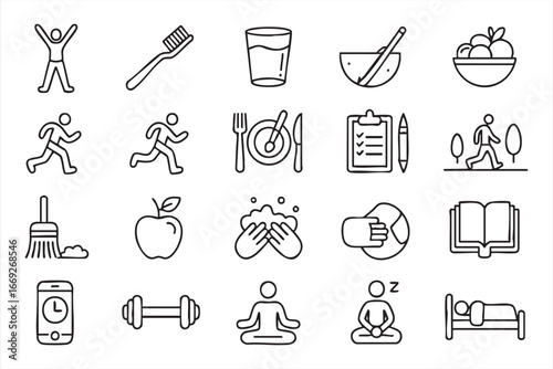 Wellness Lifestyle Line Icons for Health and Habit Tracking