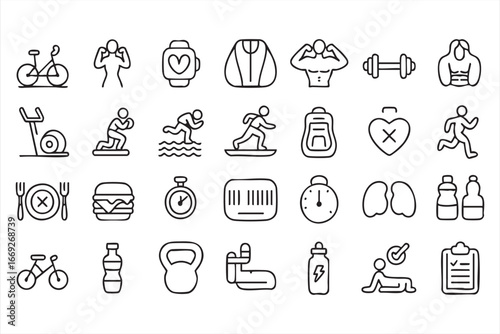 Clean Fitness Icon Set – Workout, Diet, and Wearable Tech