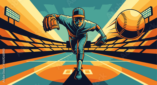 Dynamic illustration of a baseball player fielding a fast-moving ball in a brightly lit stadium.