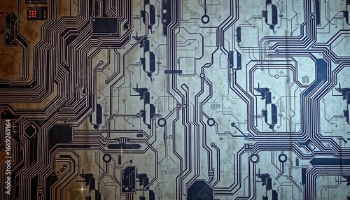 Abstract grungy cyber tech background; faded blueprint on textured surface, sci-fi circuit design,  digital,   rusty