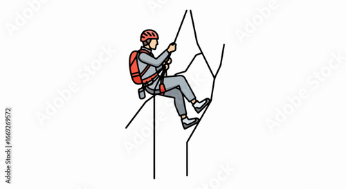 Rock climber scaling a cliff face with safety equipment and focus.