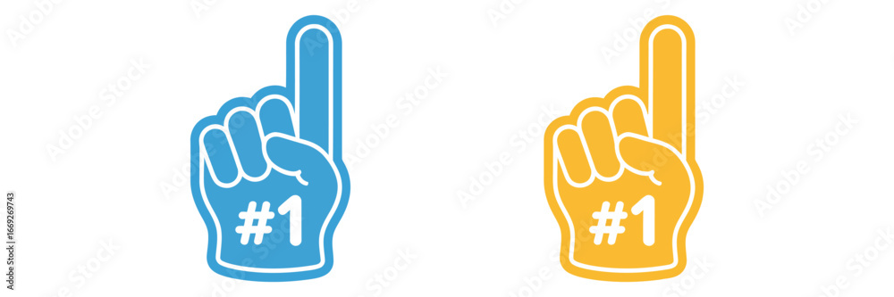 Obraz premium Number one foam fingers, blue and yellow, isolated on white background