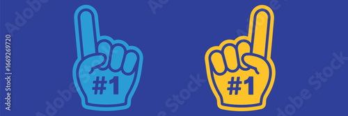 Top performance concept two foam fingers with number one signs, symbolizing achievement and success in a blue background