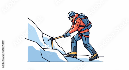 Mountaineer climbing icy mountain with ice axe.