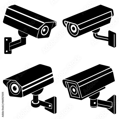 Four black security cameras mounted on walls providing surveillance and monitoring in a vector illustration