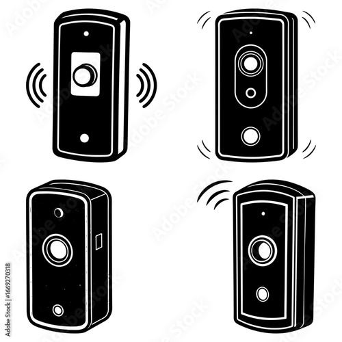 Four doorbell designs in black and white showing different perspectives and ringing sound waves around them