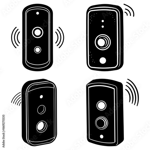 Four black doorbells with varying button configurations and signal waves illustration art design