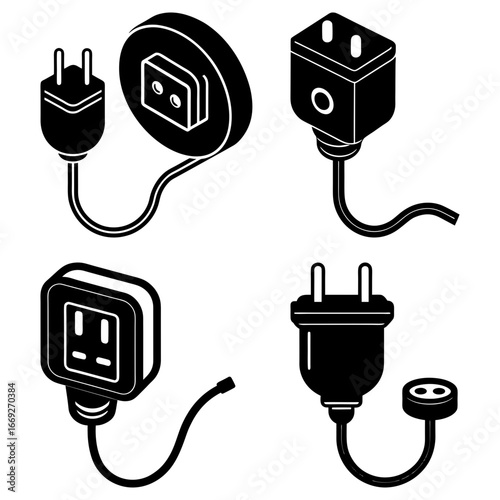 Illustration of four electrical plugs and outlets in black and white isometric view showing different types