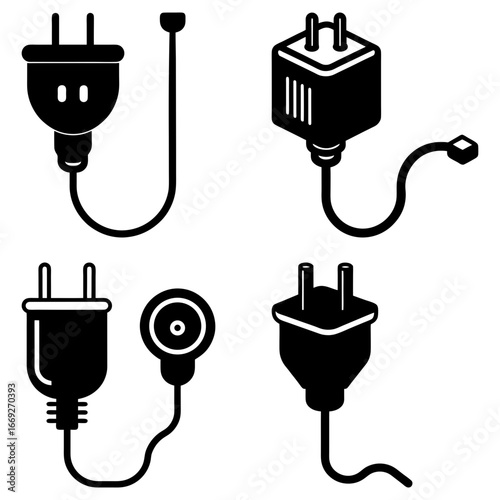 Illustration of electrical plugs and connector types with varying designs and configurations shown in black