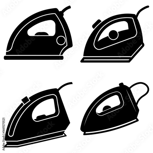 Four iron silhouettes in black and white showing different styles and handle designs for ironing clothes