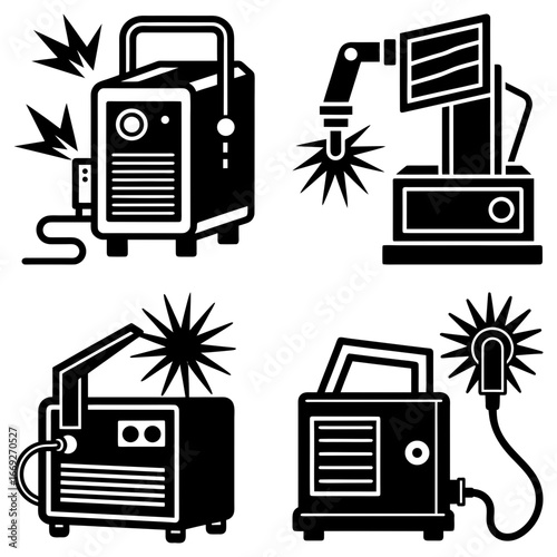 Illustration of four welding machines with sparks in black and white vector design style showing detail