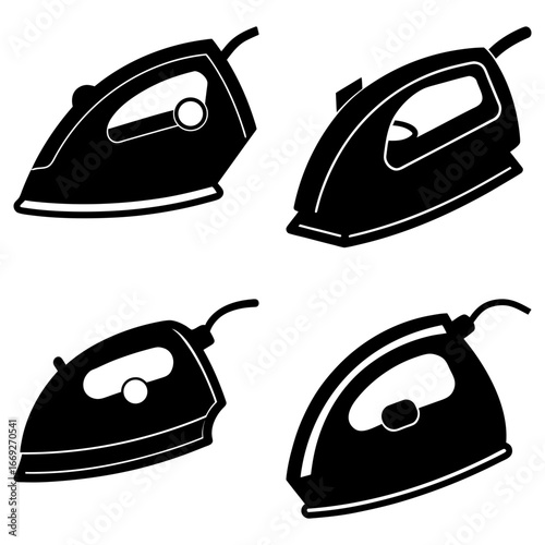 Four different black and white iron illustrations in a square format on a white background image design