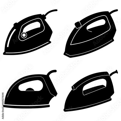 Collection of four black and white iron silhouettes with varying designs and features displayed together