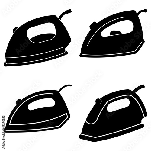 Four black and white illustrations of different styles of clothes irons on a white background