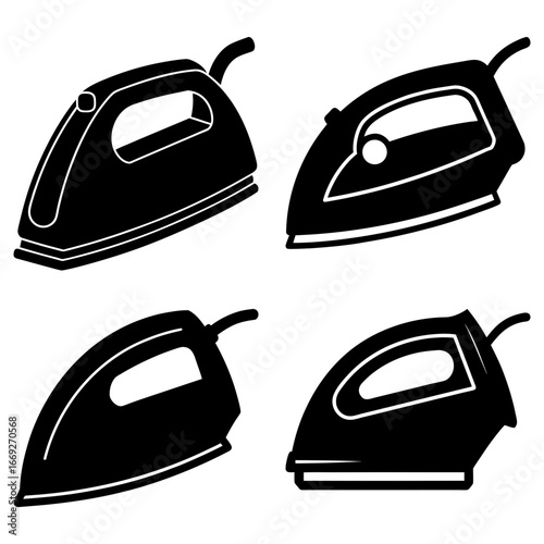 Four black and white iron icons in various styles displayed on a white background for clothing care tools
