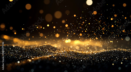 Particles of golden dust float and spread evenly with bokeh lights on a black background.