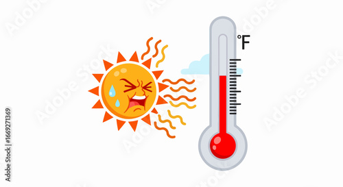 Hot sun and high temperature on the thermometer.