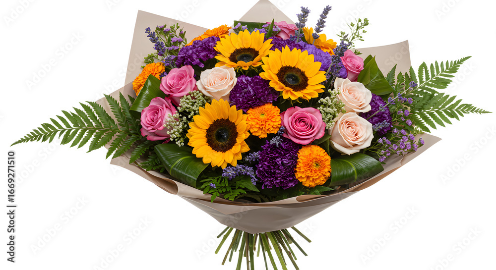 Naklejka premium Bright bouquet of sunflowers, roses, and mixed flowers with green leaves wrapped in paper, perfect for gifts and celebrations