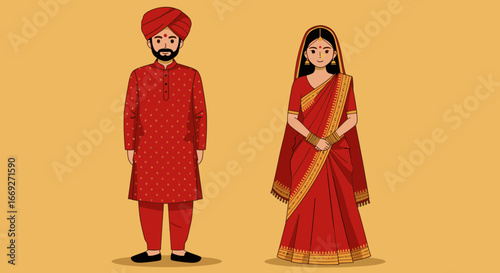 Traditional Indian Bride and Groom Wedding Vector Illustration