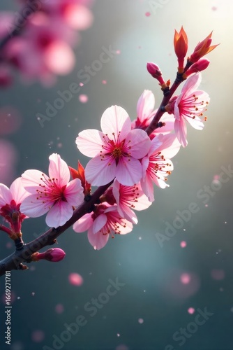 A flourishing branch of a blossoming cherry tree, symbolizing new beginnings and potential romance; perfect for springtime dating app imagery or website banners ,  vibrant,  growth