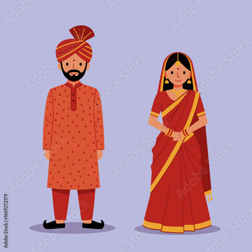 Traditional Indian Bride and Groom Wedding Vector Illustration