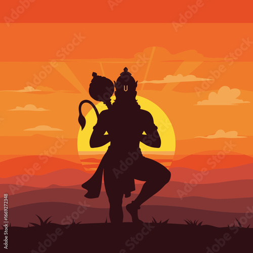 Vector Silhouette of Lord Hanuman with Traditional Background