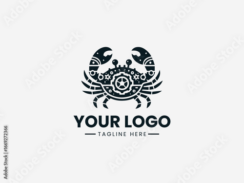 Mechanical steampunk crab with automotive parts and Victorian era details vector logo