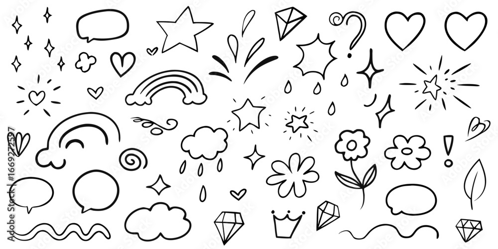 Naklejka premium White hand drawn doodle elements including stars clouds hearts and flowers black background