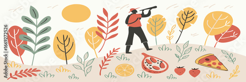 A person with a telescope in a landscape with trees fruits and pizza slice in a stylized illustration