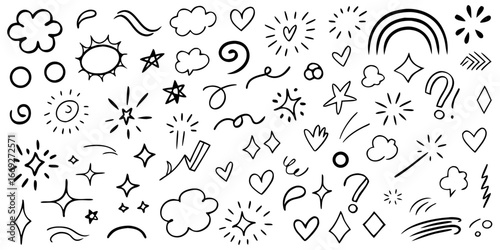 Collection of Hand Drawn Doodle Elements Stars Hearts Clouds Rainbows and Sparkles vector illustration