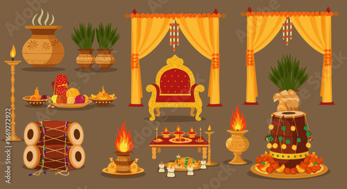 Hindu Puja Ritual Items with Traditional Decoration Vector