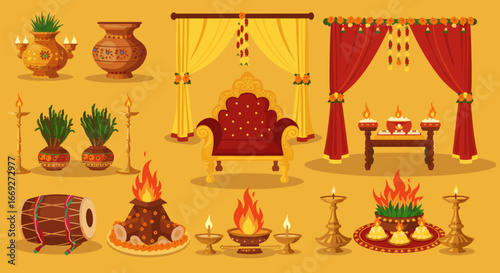 Hindu Puja Ritual Items with Traditional Decoration Vector
